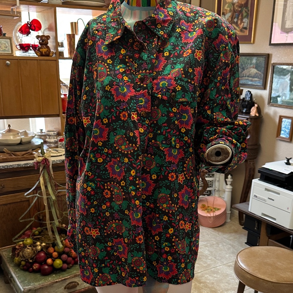 Vintage Liz Claiborne Green and Pink Floral Button Down Shirt